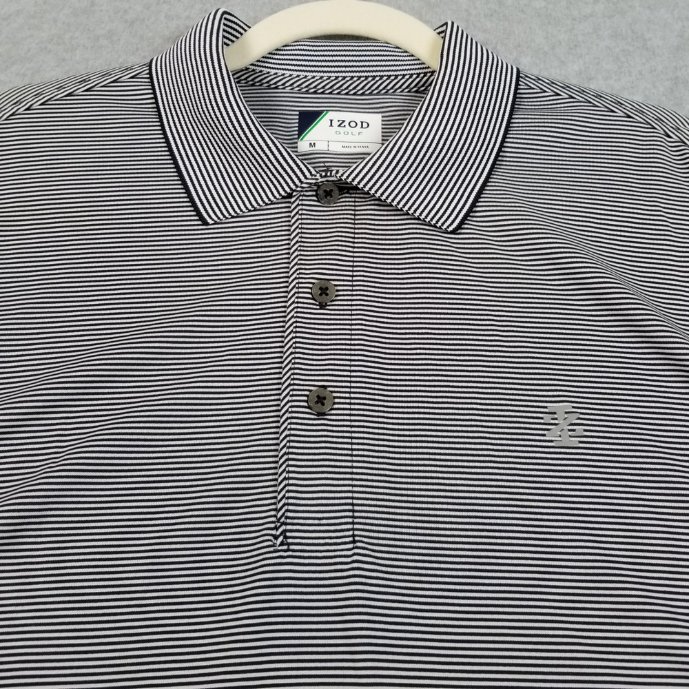 IZOD Golf Polo Shirt Mens M‎ Medium Dark Blue White Striped Performance Stretch